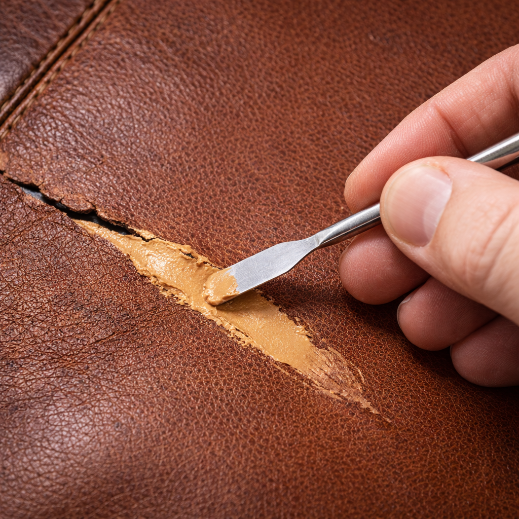 Réparation de cuir déchiré ou griffé avec mastic et pâte réparatrice professionnelle.